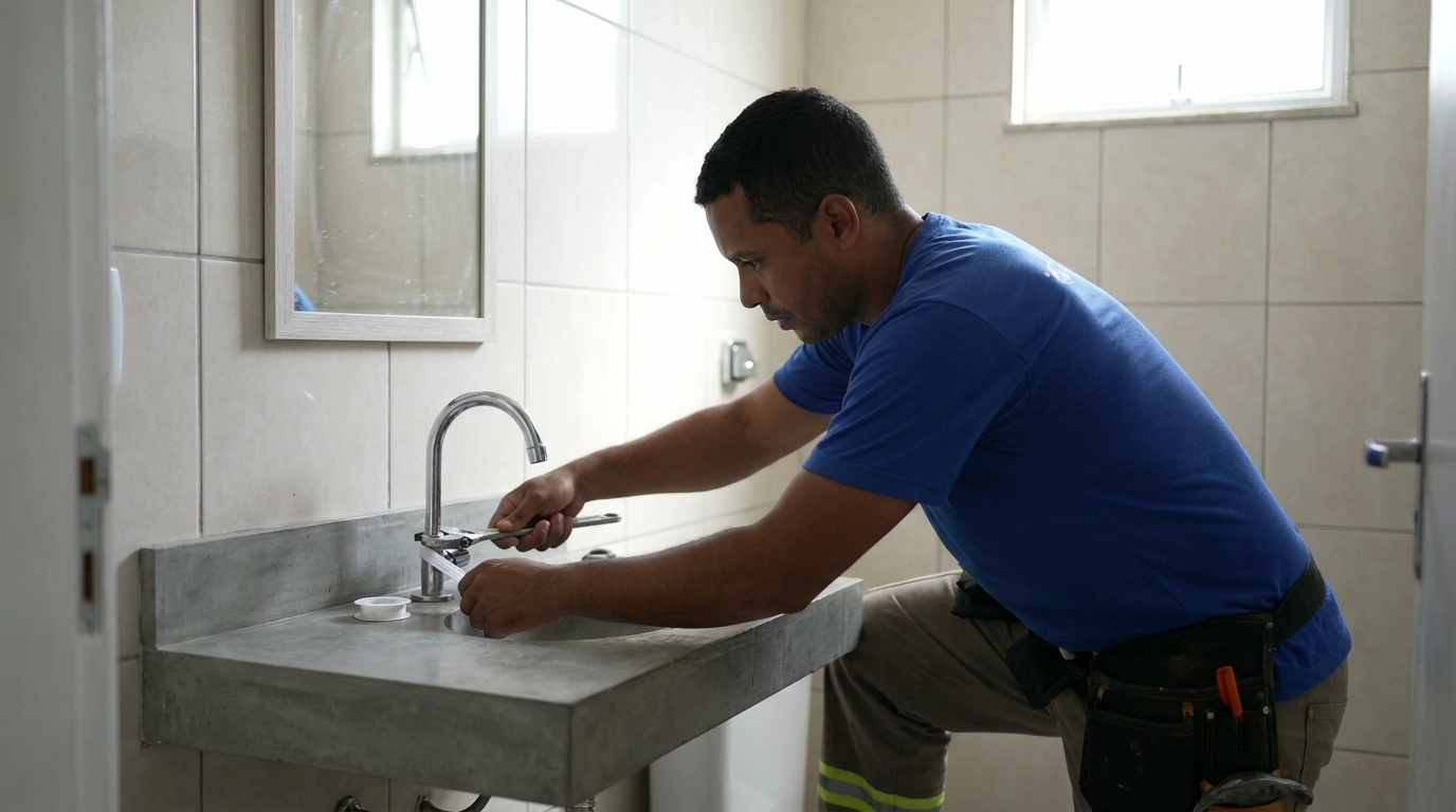 Encanador instalando torneira em Macaé‑RJ