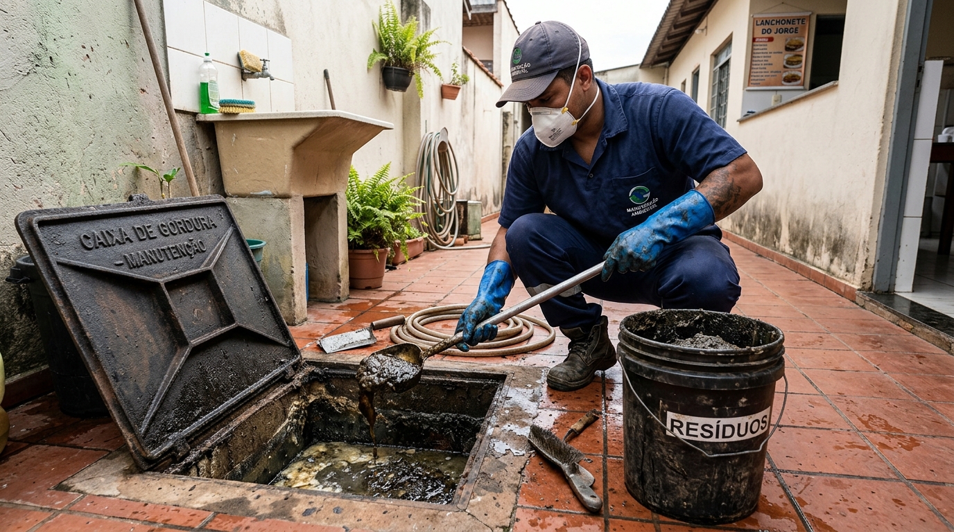 Remoção de resíduos da caixa de gordura em Macaé‑RJ