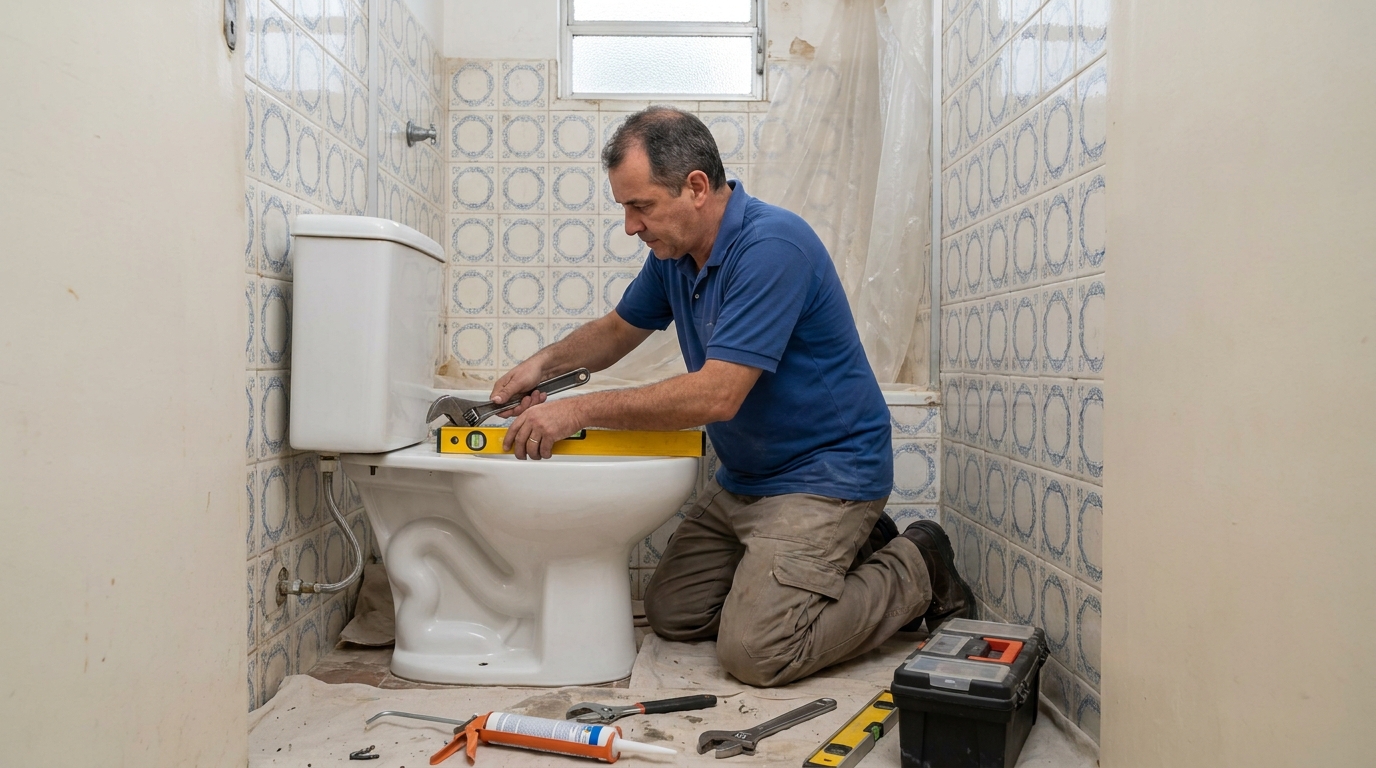 Técnico instalando vaso sanitário em Macaé‑RJ